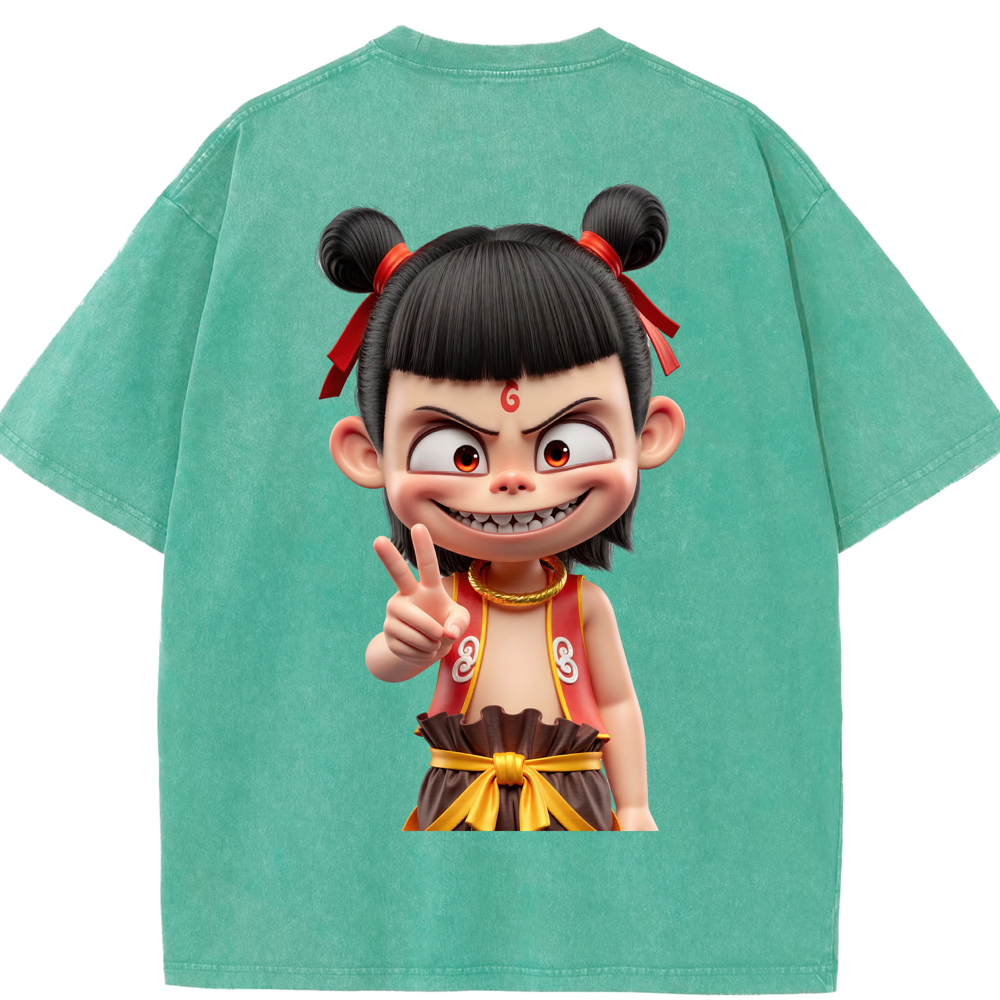 （画像用） Ne Zha 2 ナタ 魔童の大暴れ 綿100% ヴィンテージ風 半袖Tシャツ（背面プリント）